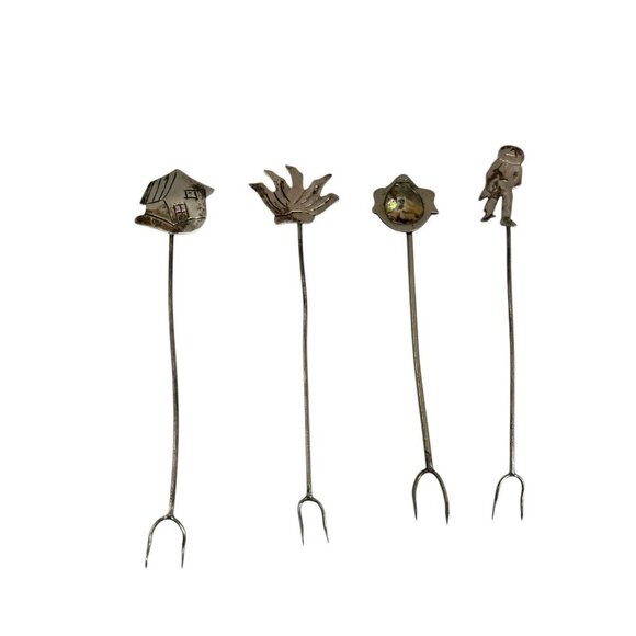 Set of 6 Vintage Sterling Silver Cocktail Martini Pick Forks Set Assorted 3.5" - Picture 2 of 6